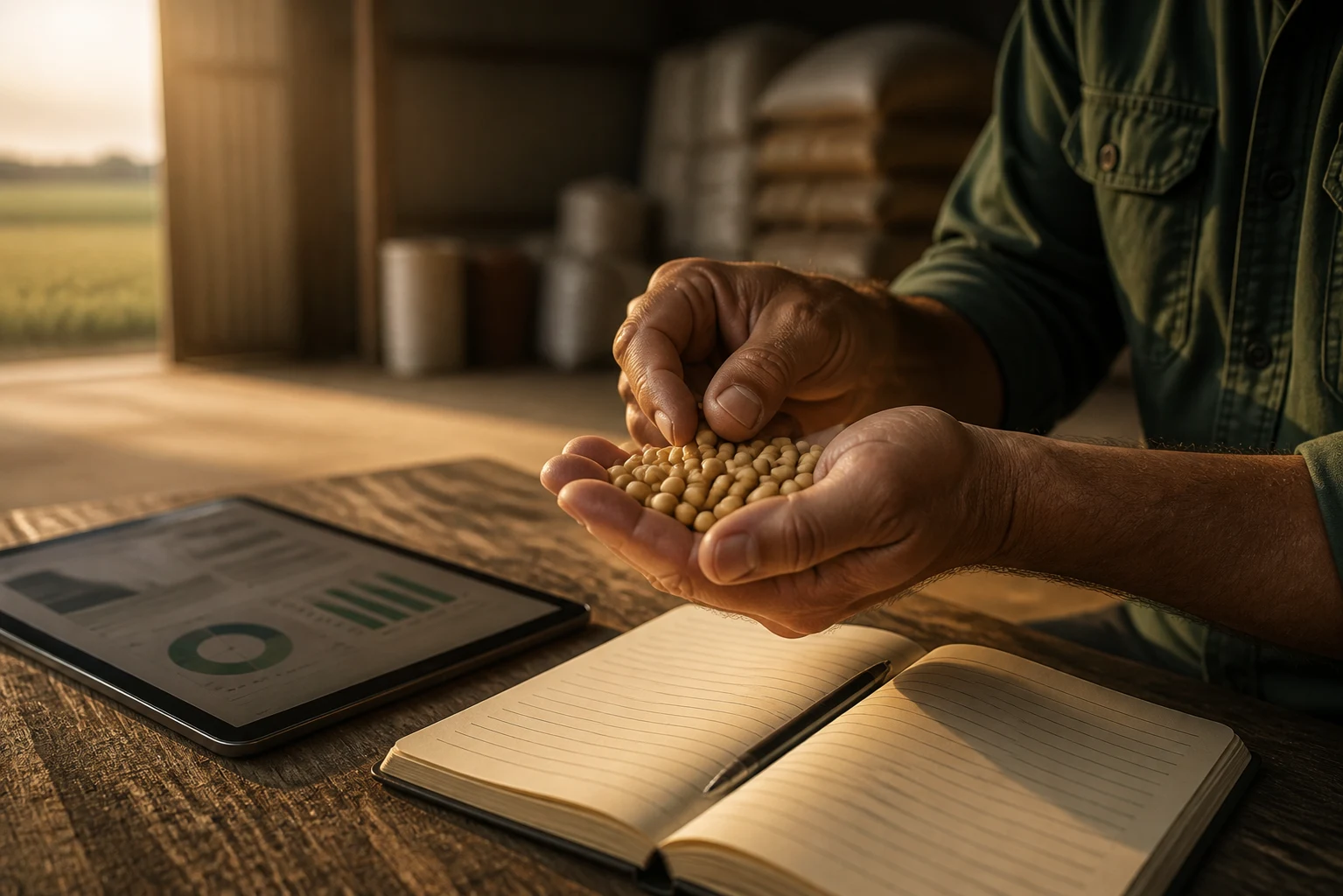Produtor analisando grãos de soja ao lado de um caderno e um tablet