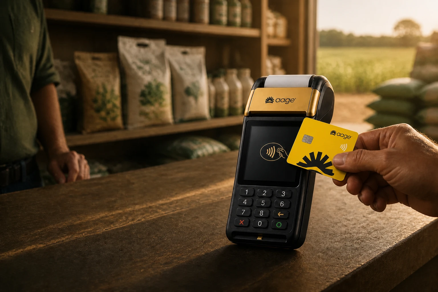 Cliente aproximando o cartão amarelo AAGE da maquininha em uma loja de insumos agrícolas
