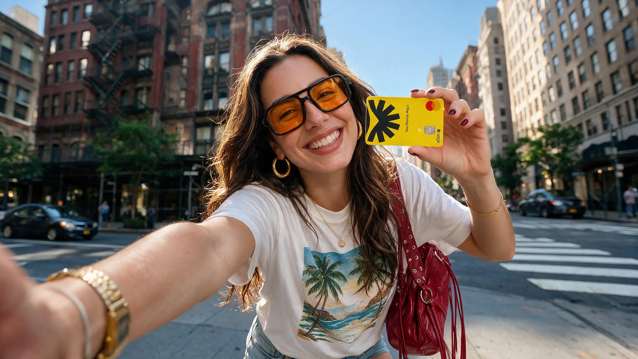 Mulher sorrindo tirando uma selfie numa rua da cidade, segurando um cartão AAGE amarelo