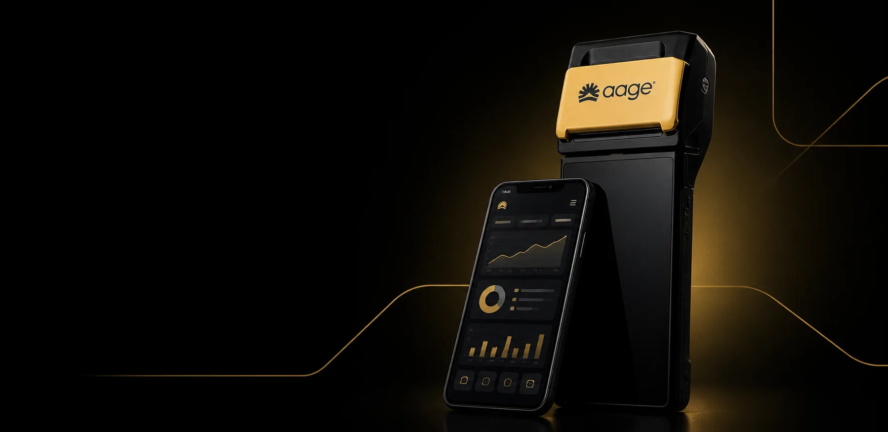 Maquininha AAGE preta e dourada ao lado de um celular com painel da conta Empresas